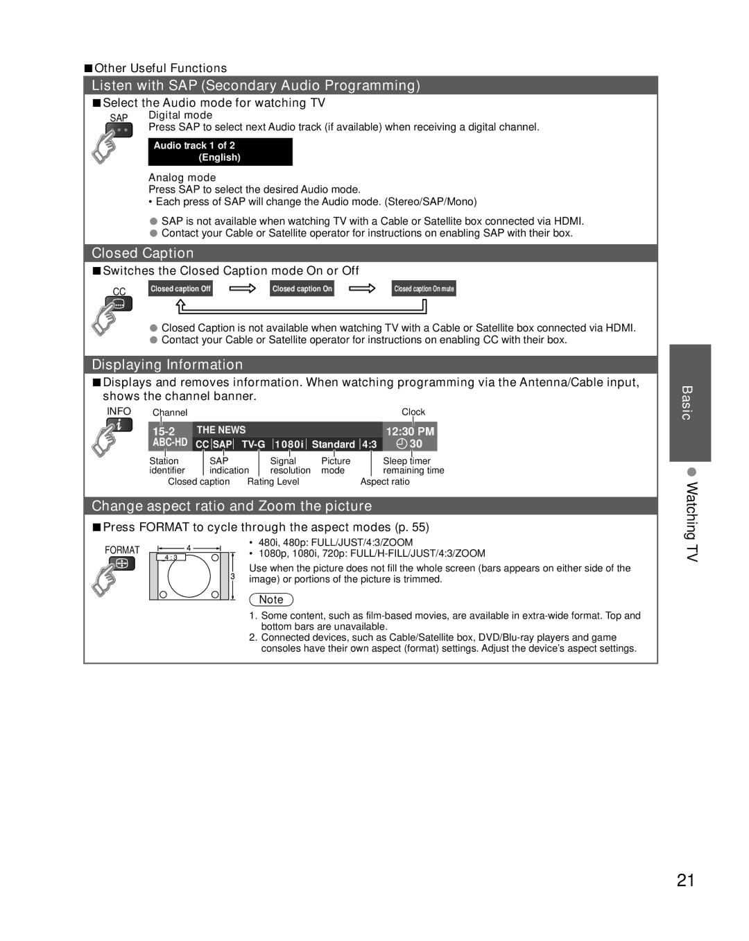 Sony TC-L37E5 Listen with SAP Secondary Audio Programming, Closed Caption, Displaying Information, Basic Watching TV 