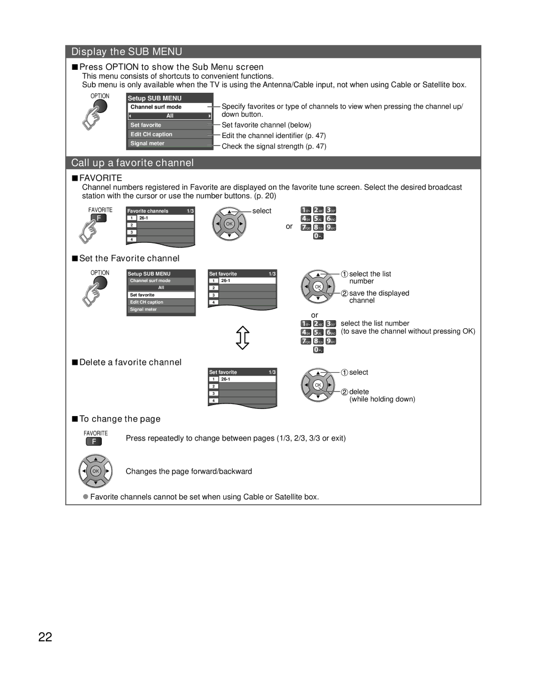 Sony TC-L42E5, TC-L32E5, TC-L37E5, TC-L47E5 owner manual Display the SUB Menu, Call up a favorite channel 