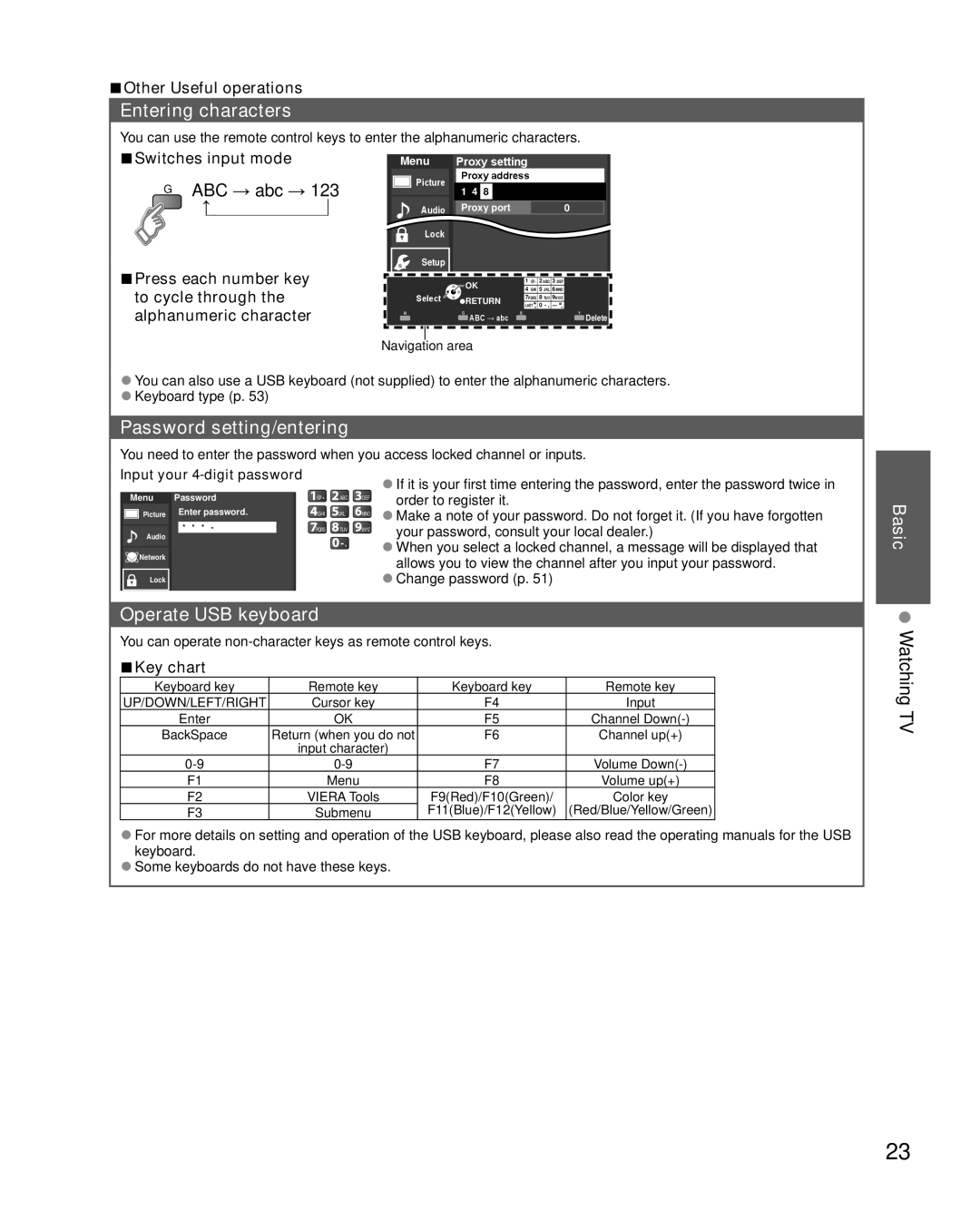 Sony TC-L47E5, TC-L32E5, TC-L37E5 Entering characters, Password setting/entering, Operate USB keyboard, Watching TV 