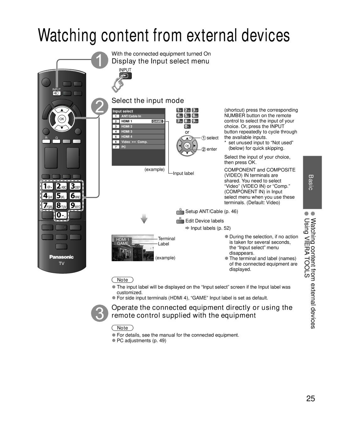 Sony TC-L37E5, TC-L32E5, TC-L42E5, TC-L47E5 Display the Input select menu, Select the input mode, External devices 