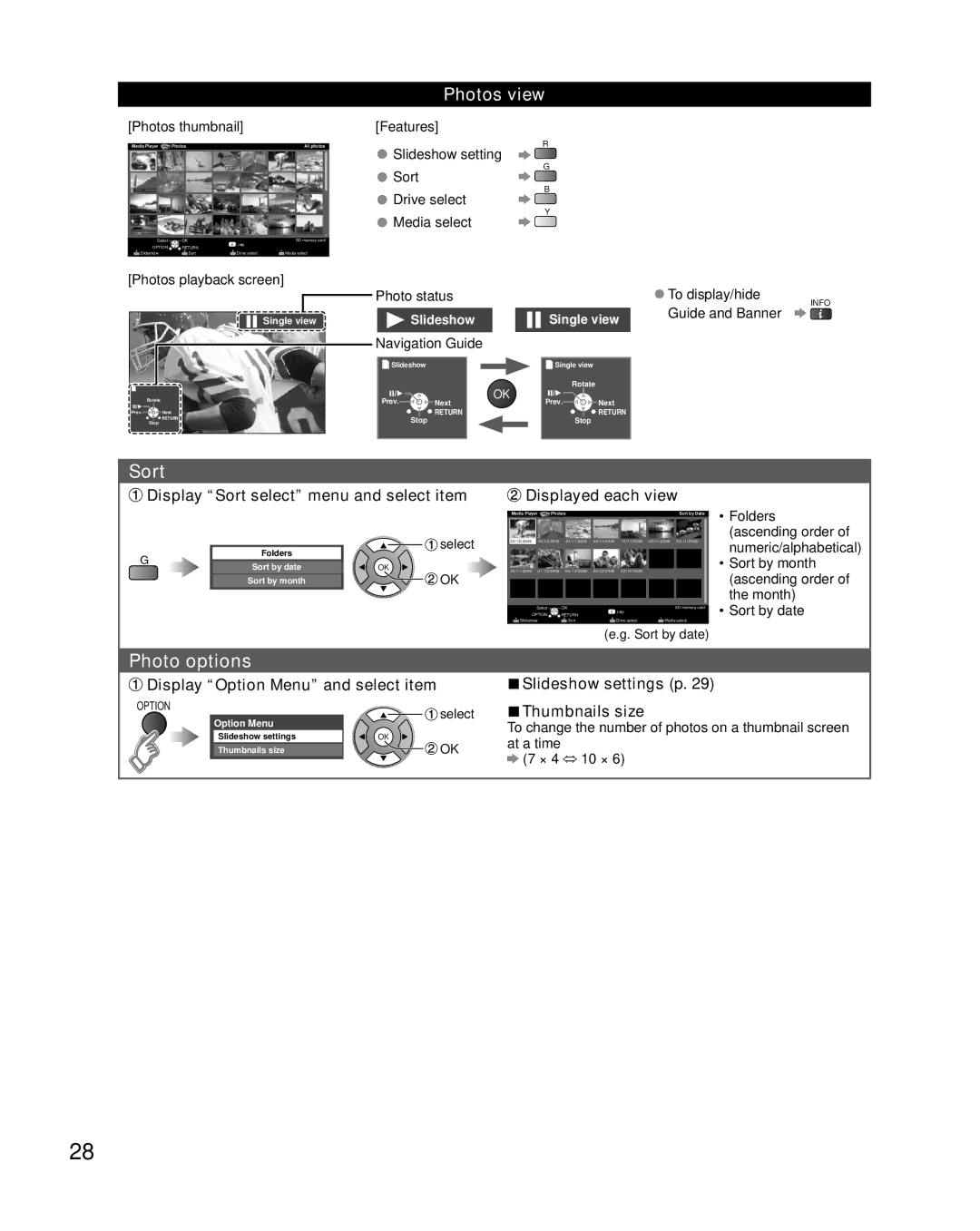 Sony TC-L32E5, TC-L37E5, TC-L42E5, TC-L47E5 owner manual Sort, Photo options, Photos view 