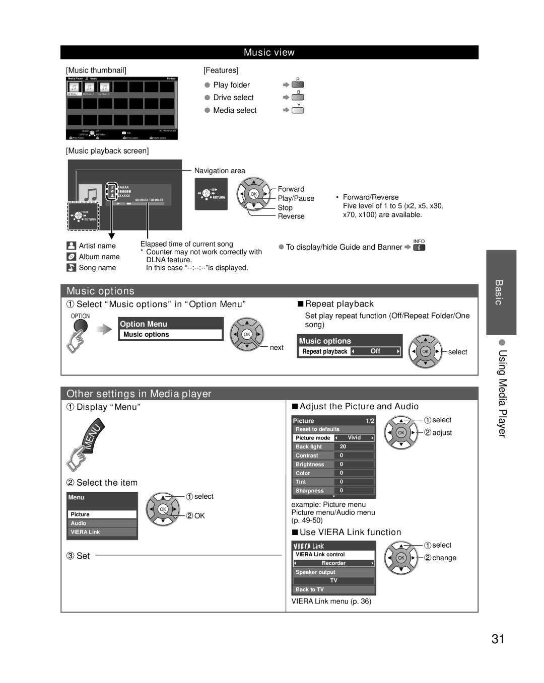 Sony TC-L47E5, TC-L32E5, TC-L37E5 Music options, Other settings in Media player, Media Player, Music view, Basic Using 