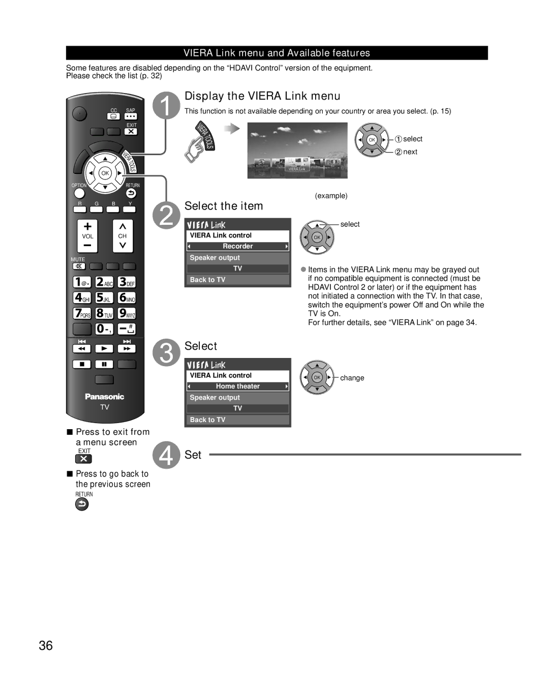 Sony TC-L32E5, TC-L37E5, TC-L42E5, TC-L47E5 Display the Viera Link menu, Select, Set, Viera Link menu and Available features 