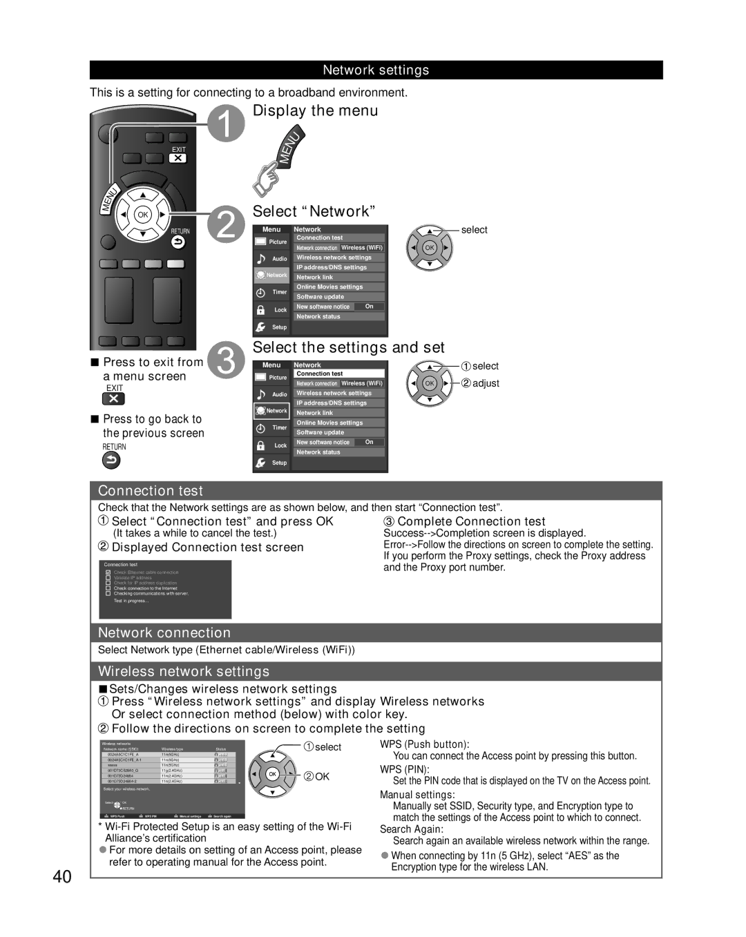 Sony TC-L32E5, TC-L37E5, TC-L42E5, TC-L47E5 owner manual Display the menu, Select Network, Select the settings and set 