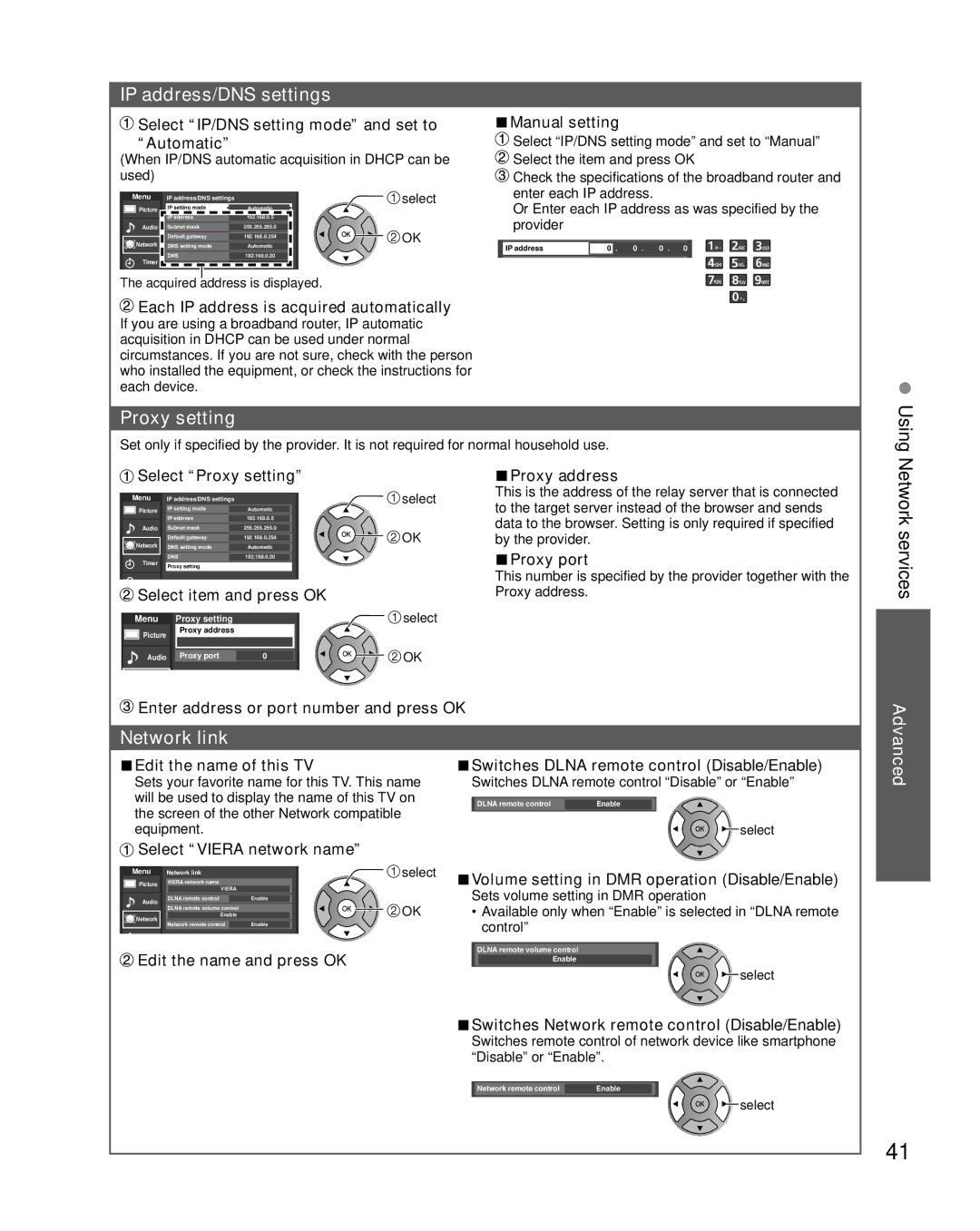 Sony TC-L37E5, TC-L32E5, TC-L42E5, TC-L47E5 IP address/DNS settings, Proxy setting, Using, Network services, Network link 