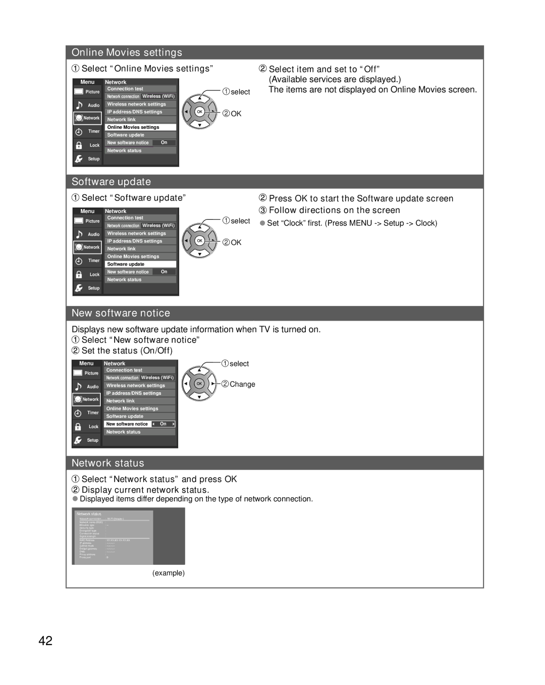 Sony TC-L42E5, TC-L32E5, TC-L37E5, TC-L47E5 Online Movies settings, Software update, New software notice, Network status 