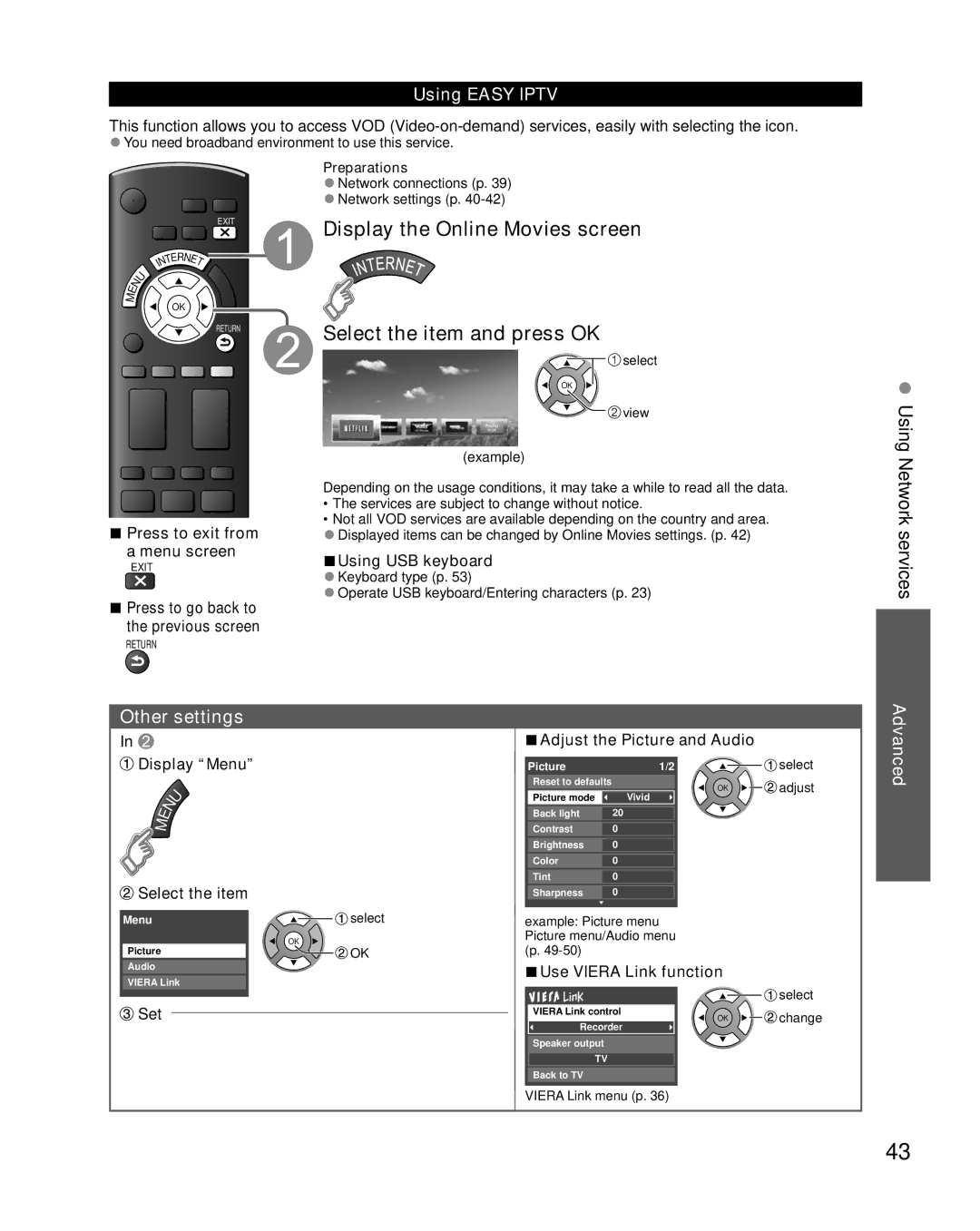 Sony TC-L47E5, TC-L32E5, TC-L37E5, TC-L42E5 owner manual Using Network services, Other settings, Using Easy Iptv, Set 