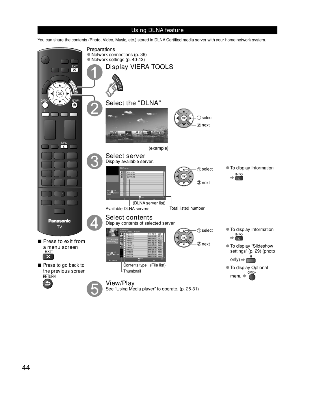 Sony TC-L32E5, TC-L37E5, TC-L42E5, TC-L47E5 owner manual Select server, Select contents, View/Play 