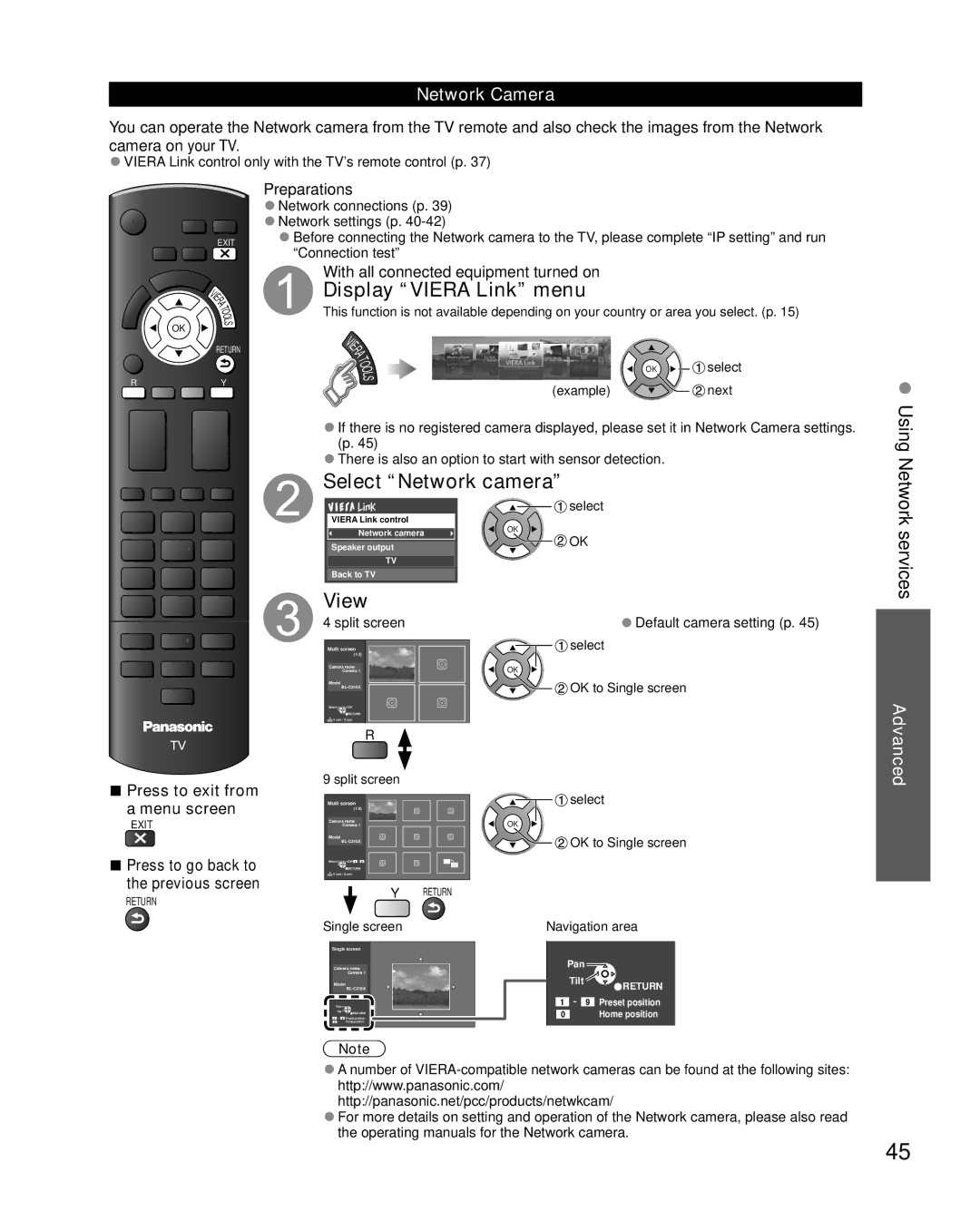 Sony TC-L37E5, TC-L32E5, TC-L42E5, TC-L47E5 owner manual Display Viera Link menu, Select Network camera, View, Network Camera 