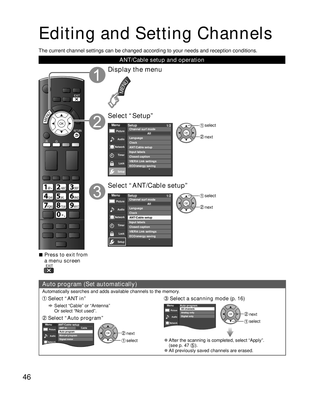 Sony TC-L42E5, TC-L32E5, TC-L37E5 Editing and Setting Channels, Display the menu Select Setup, Select ANT/Cable setup 