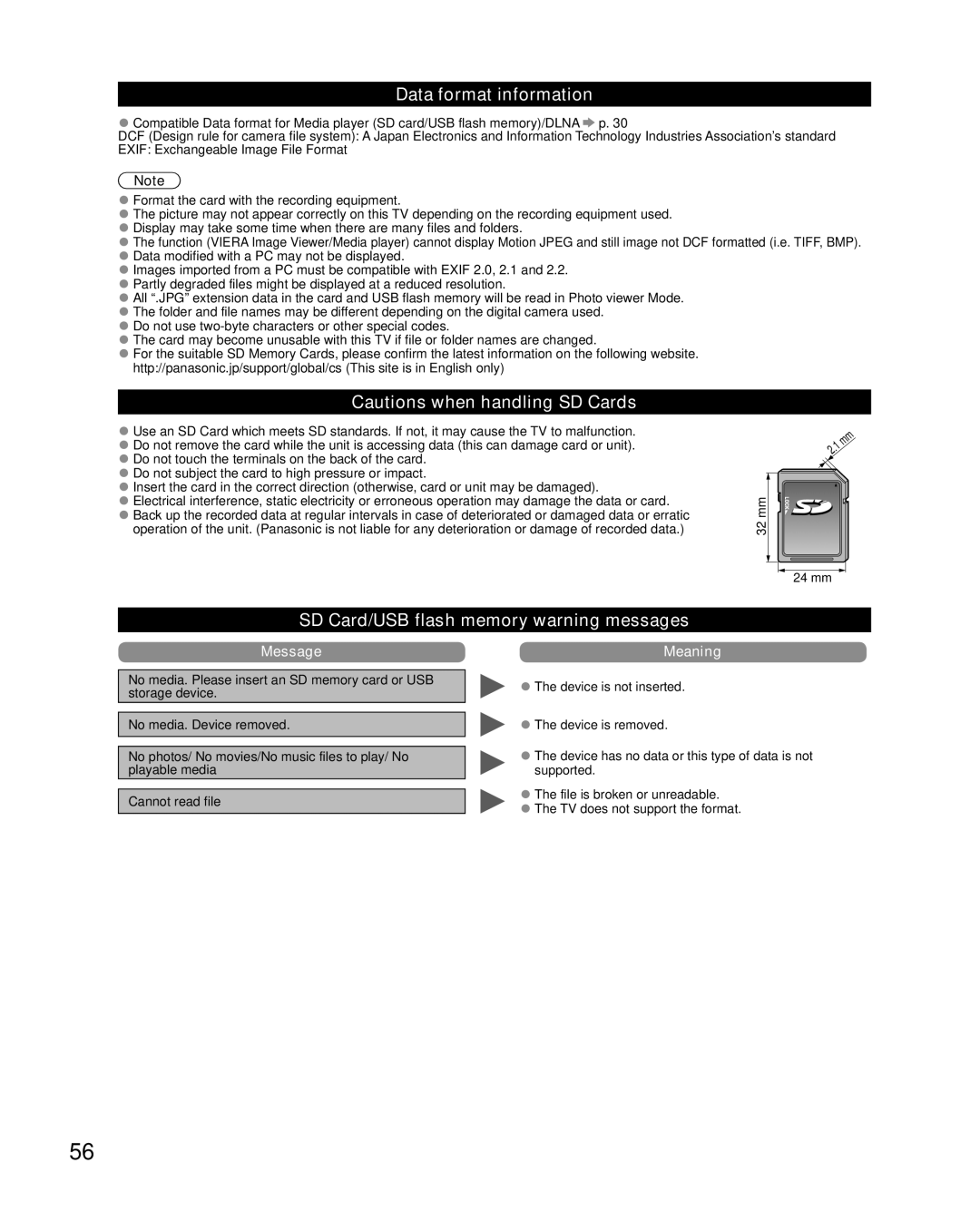 Sony TC-L32E5, TC-L37E5, TC-L42E5, TC-L47E5 owner manual Data format information, SD Card/USB flash memory warning messages 