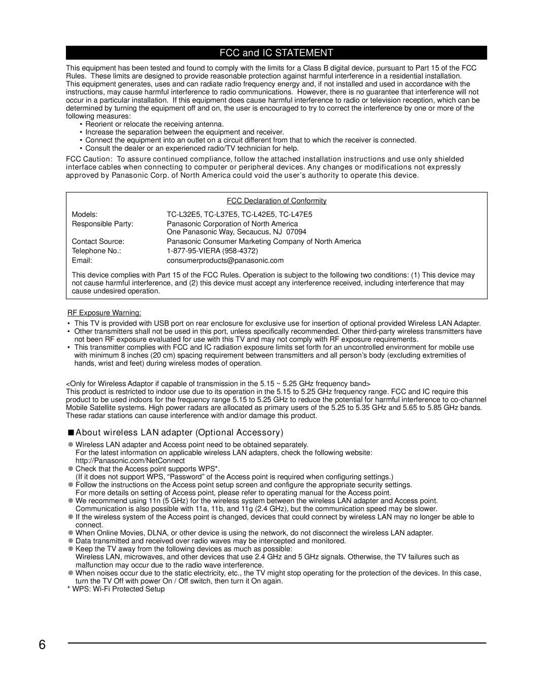 Sony TC-L42E5, TC-L32E5, TC-L37E5, TC-L47E5 owner manual FCC and IC Statement, About wireless LAN adapter Optional Accessory 