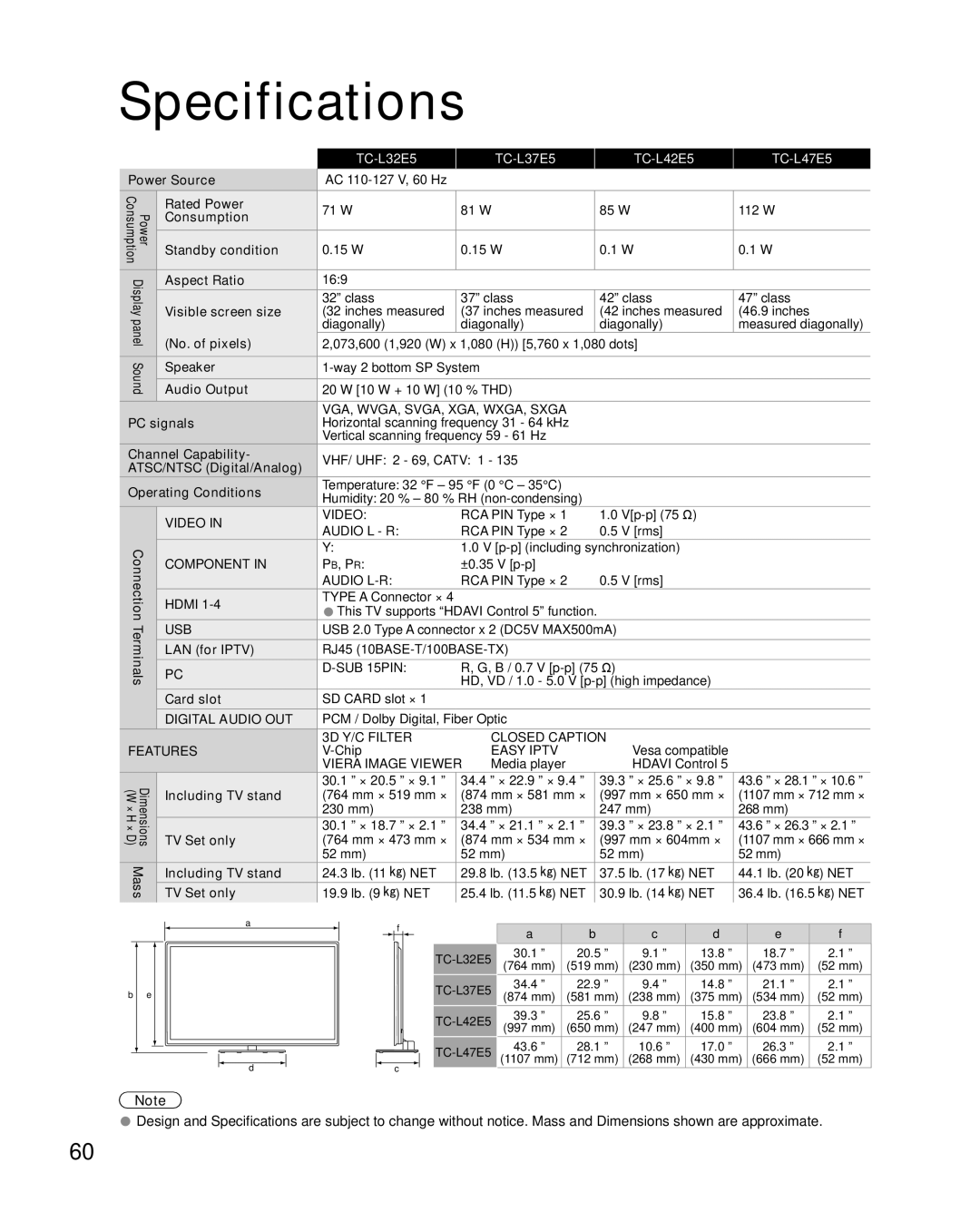 Sony TC-L32E5, TC-L37E5, TC-L42E5, TC-L47E5 owner manual Specifications, Features 