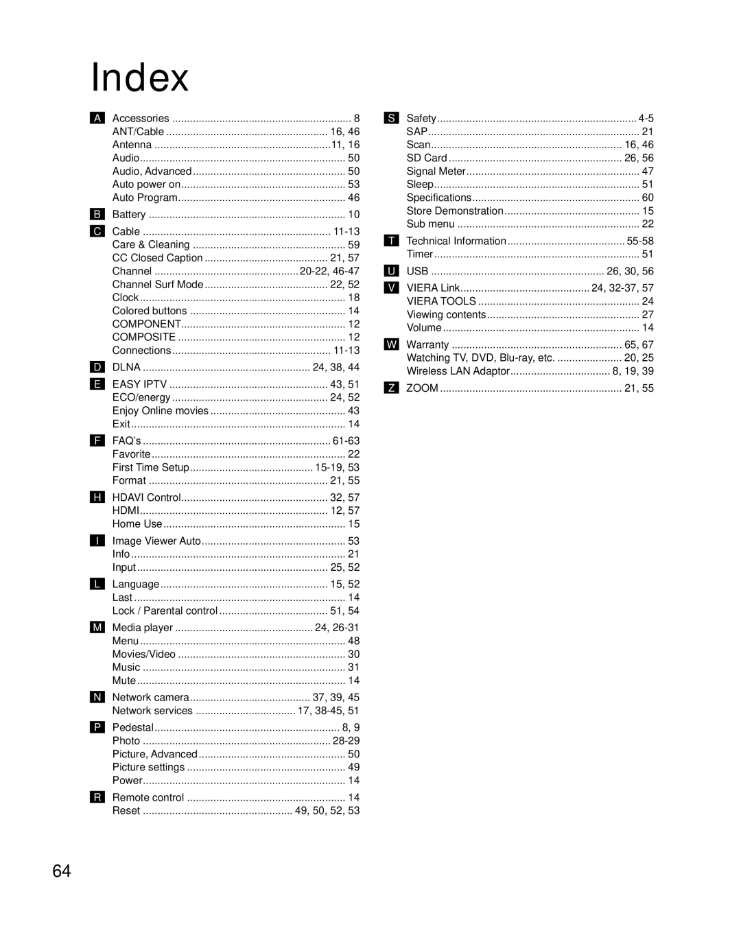 Sony TC-L32E5, TC-L37E5, TC-L42E5, TC-L47E5 owner manual Index 