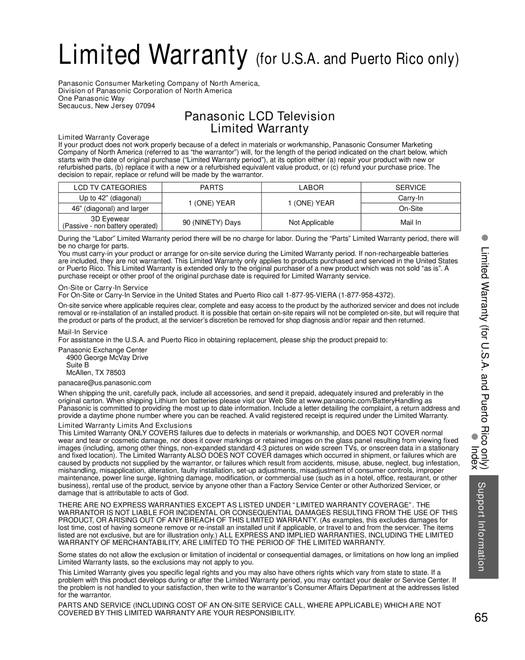 Sony TC-L37E5, TC-L32E5, TC-L42E5, TC-L47E5 Support Information Index, Limited Warranty for U.S.A. and Puerto Rico only 