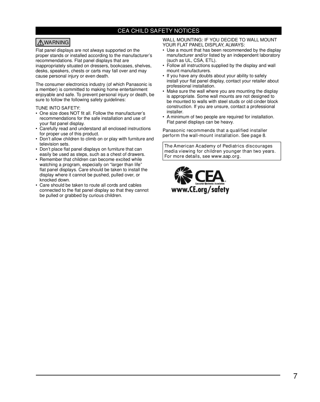 Sony TC-L47E5, TC-L32E5, TC-L37E5, TC-L42E5 owner manual CEA Child Safety Notices 