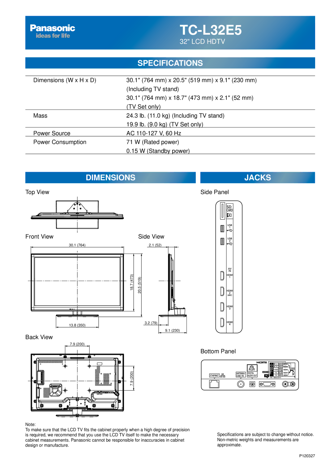 Sony TC-L42E5, TC-L32E5, TC-L37E5, TC-L47E5 owner manual Top View Front View Side View, Side Panel, Back View Bottom Panel 