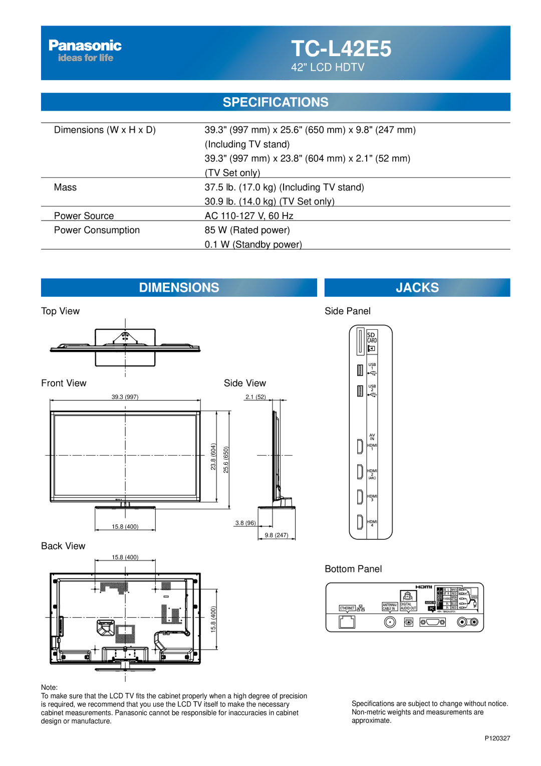 Sony TC-L32E5, TC-L37E5, TC-L42E5, TC-L47E5 owner manual Top View Side Panel Front View, Back View Side View 