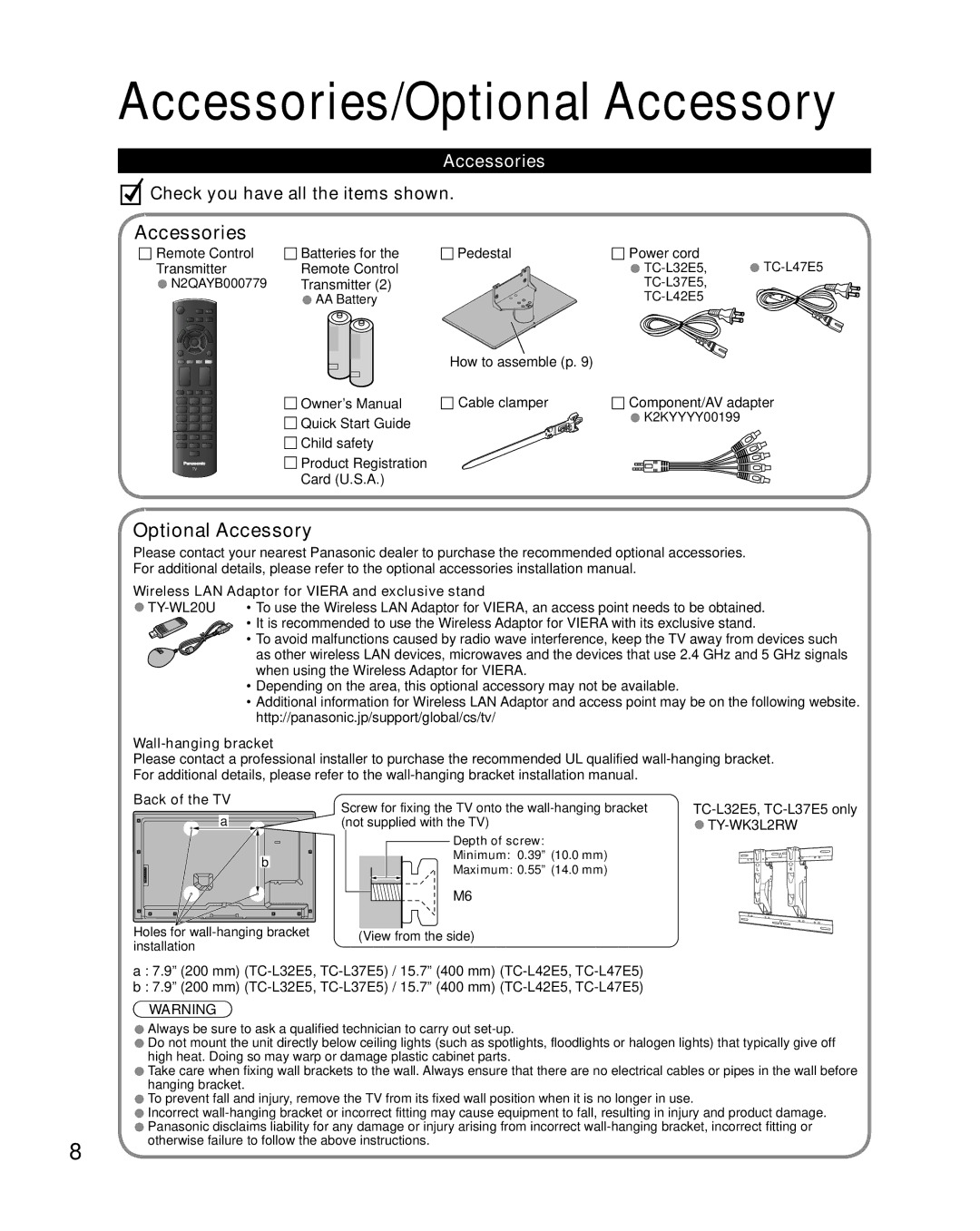 Sony TC-L32E5, TC-L37E5, TC-L42E5, TC-L47E5 owner manual Accessories/Optional Accessory 