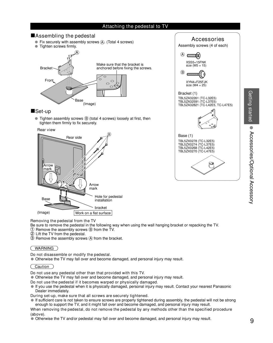 Sony TC-L37E5, TC-L32E5, TC-L42E5 Accessories/Optional Accessory, Attaching the pedestal to TV, Getting started, Rear view 