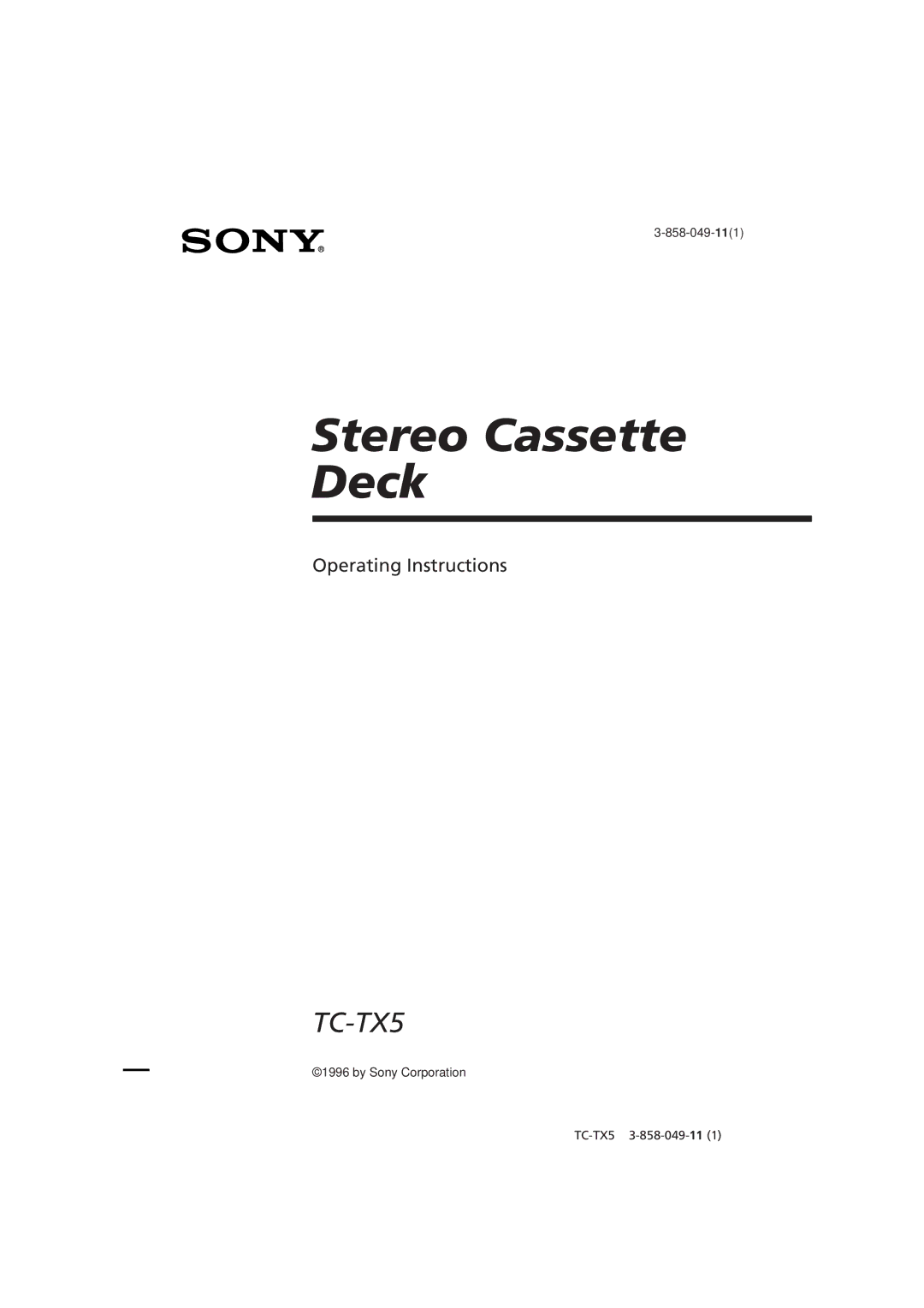 Sony TC-TX5 operating instructions Stereo Cassette Deck 