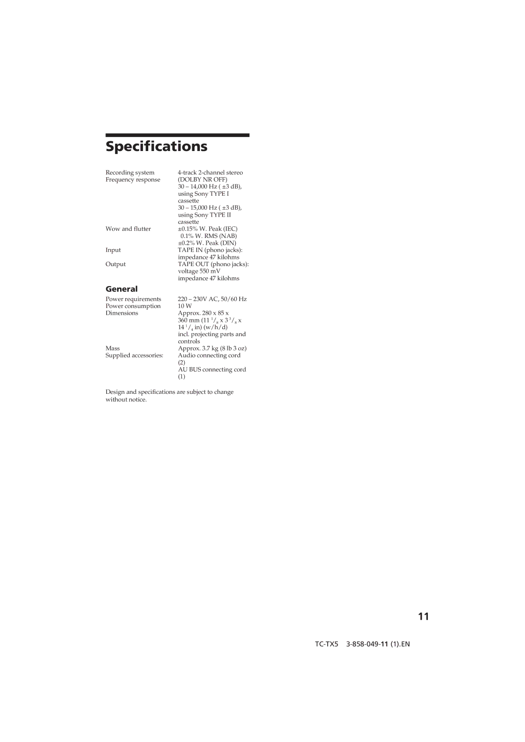 Sony TC-TX5 operating instructions Specifications, General 