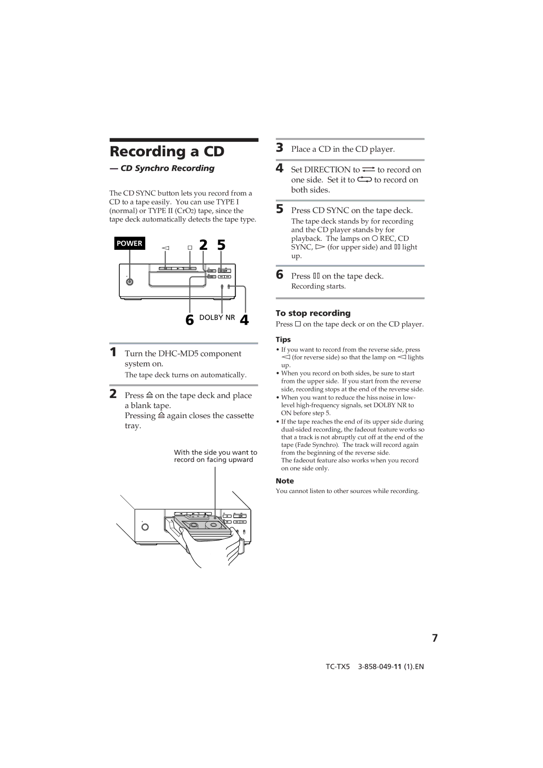 Sony TC-TX5 operating instructions Recording a CD, ¹ 2, To stop recording 