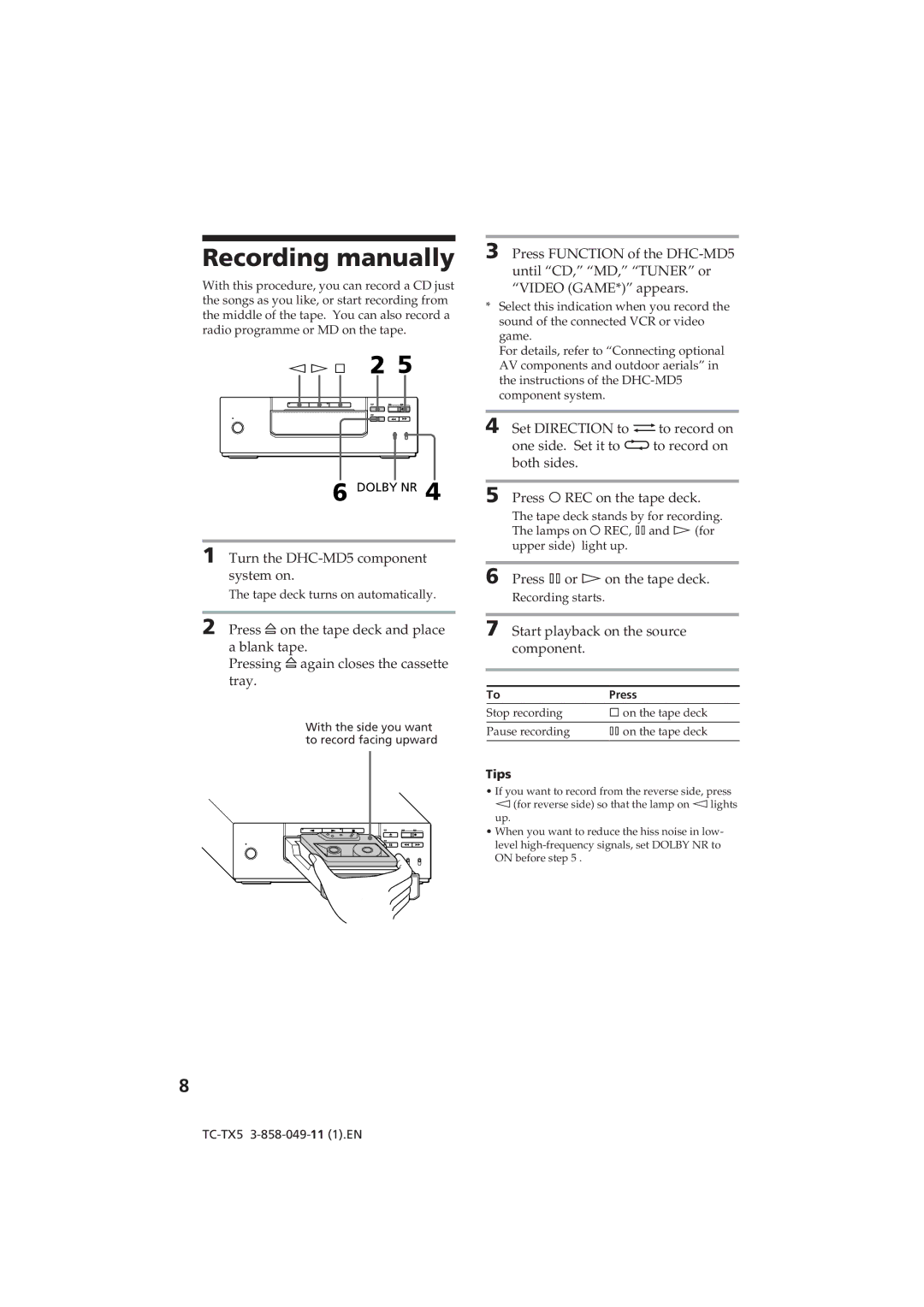 Sony TC-TX5 operating instructions Recording manually, Start playback on the source component 