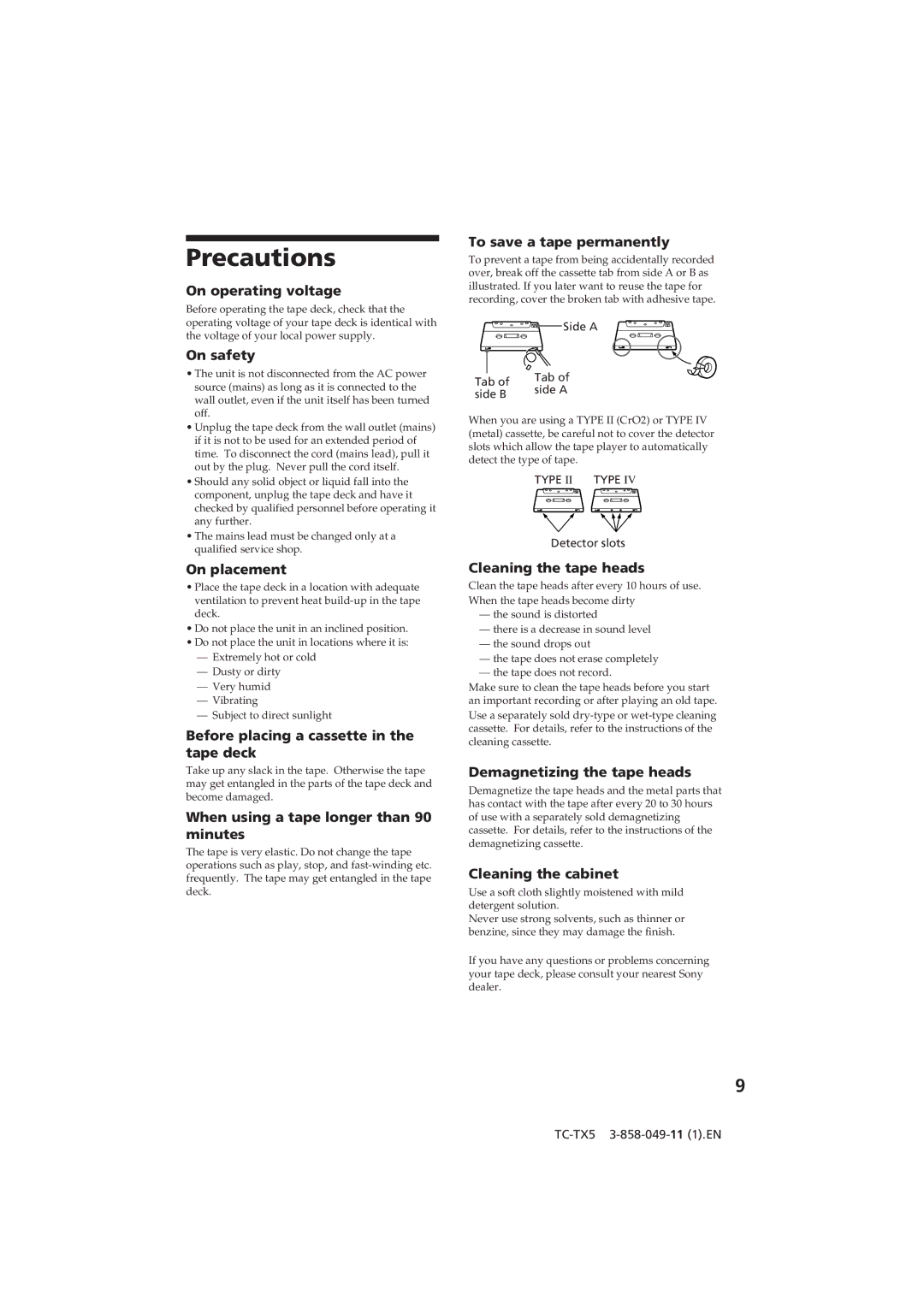 Sony TC-TX5 operating instructions Precautions 