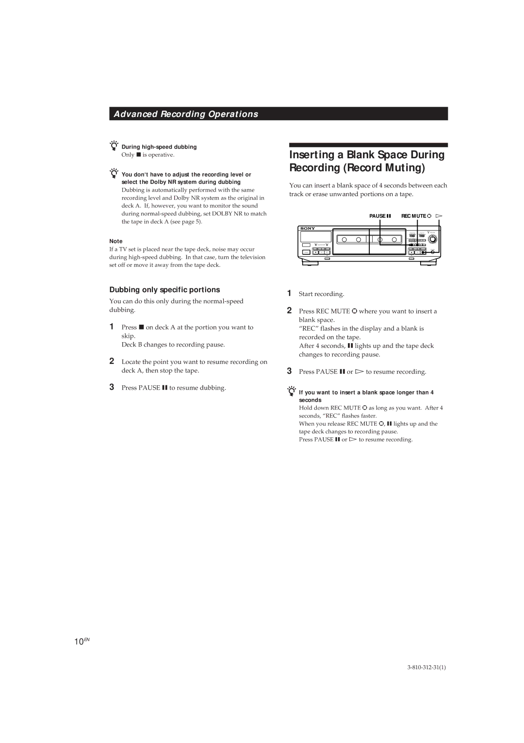 Sony TC-WE405, TC-WR661 manual Dubbing only specific portions, 10EN, During high-speed dubbing 