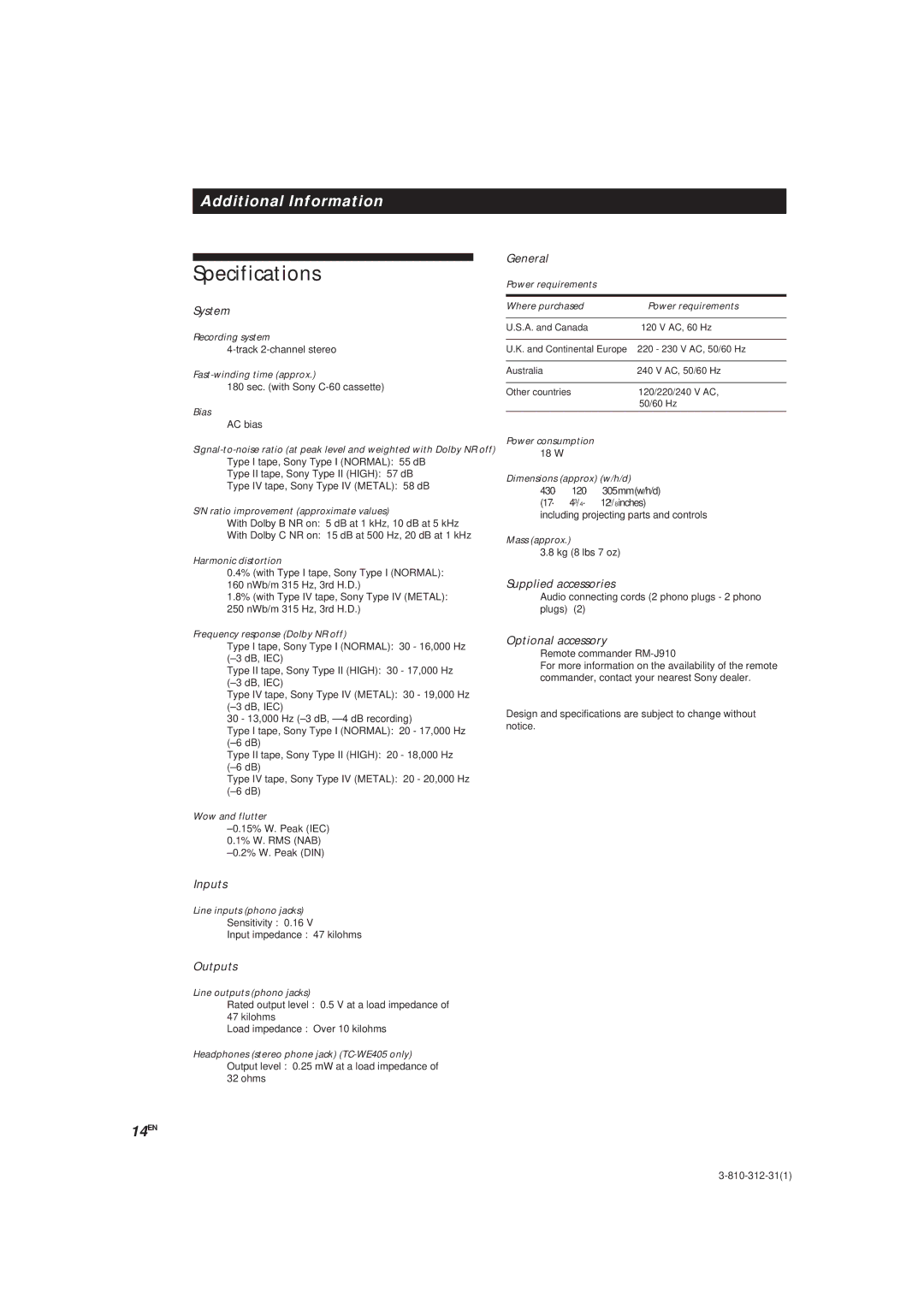 Sony TC-WR661, TC-WE405 manual Specifications, 14EN 