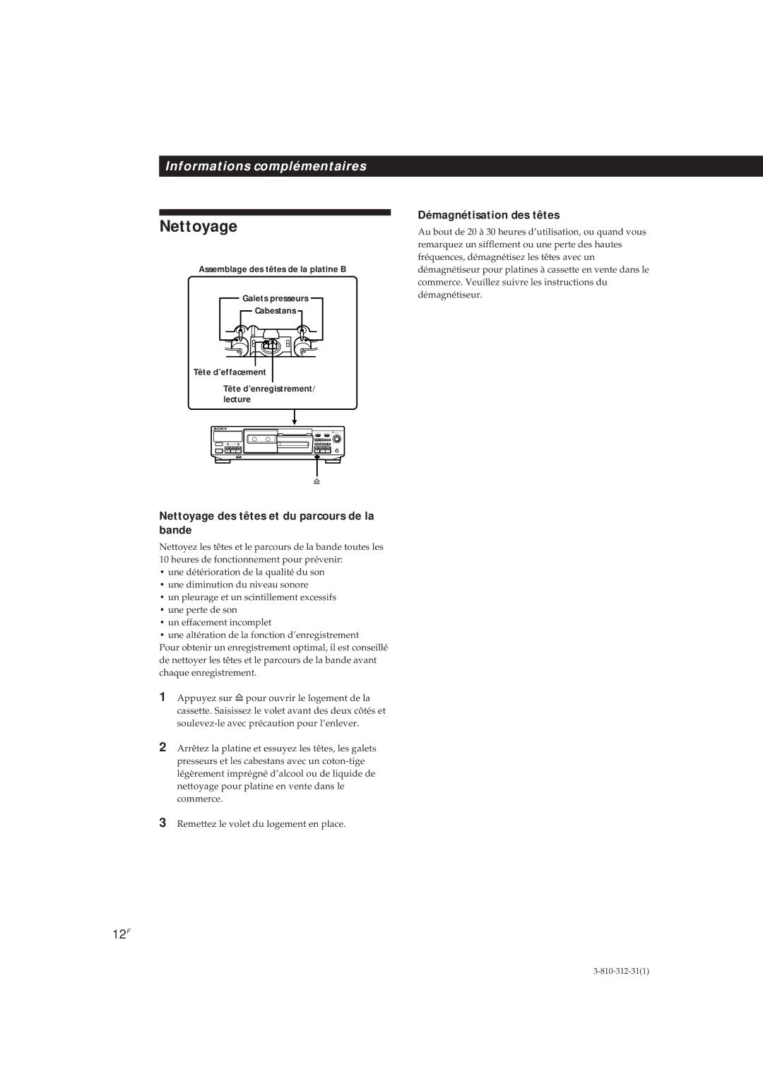 Sony TC-WR661, TC-WE405 manual Nettoyage des têtes et du parcours de la bande, Démagnétisation des têtes, 12F 