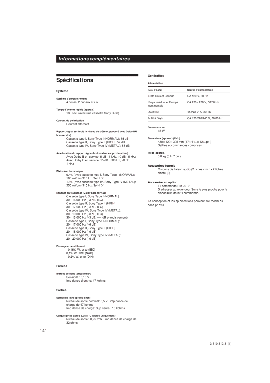 Sony TC-WR661, TC-WE405 manual Spécifications, 14F 