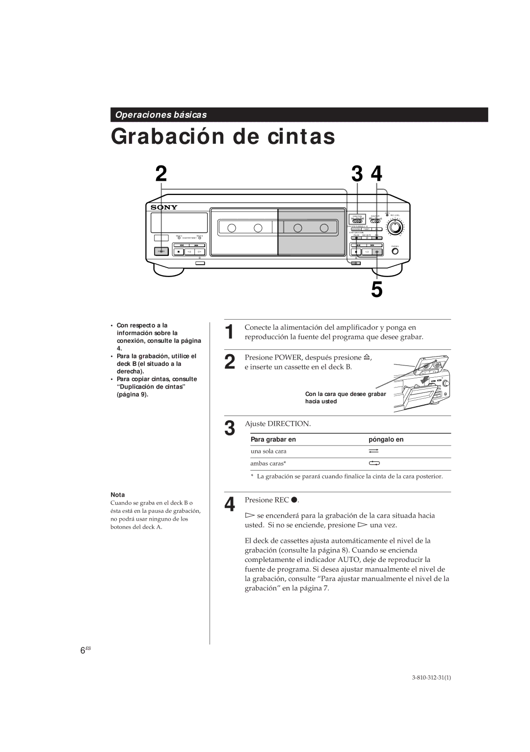 Sony TC-WR661, TC-WE405 manual Grabación de cintas, Para grabar en Póngalo en, Con la cara que desee grabar, Hacia usted 