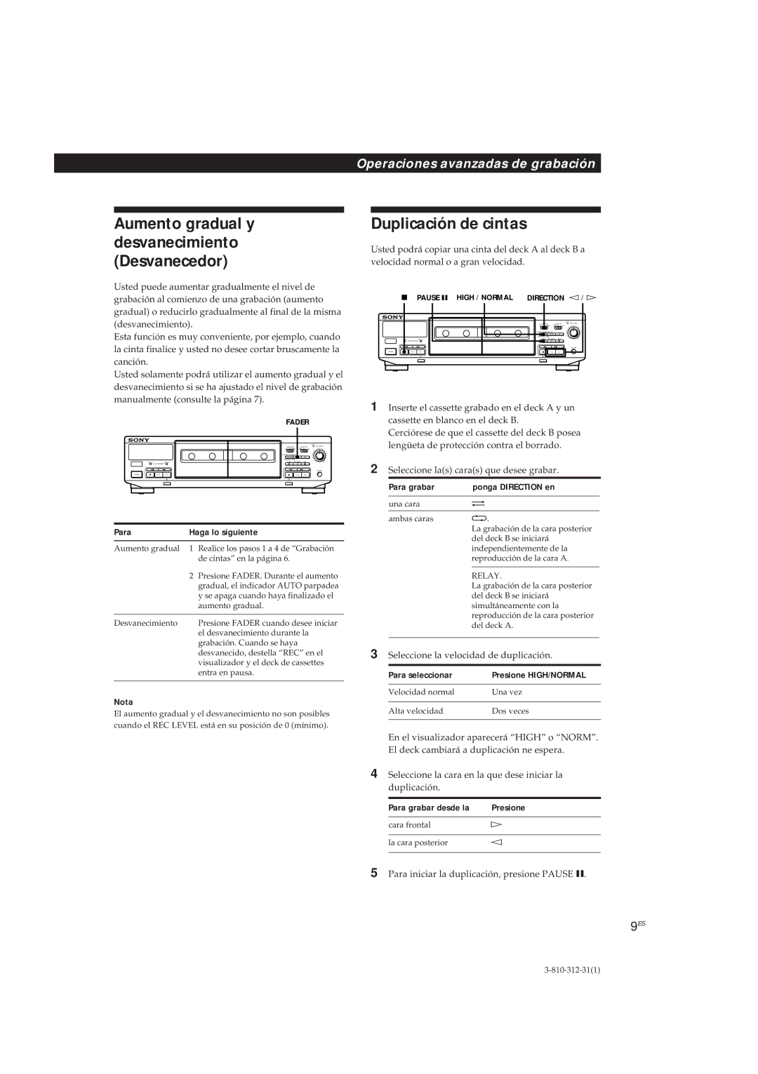 Sony TC-WE405, TC-WR661 manual Duplicación de cintas, Para Haga lo siguiente, Nota, Para grabar Ponga Direction en 
