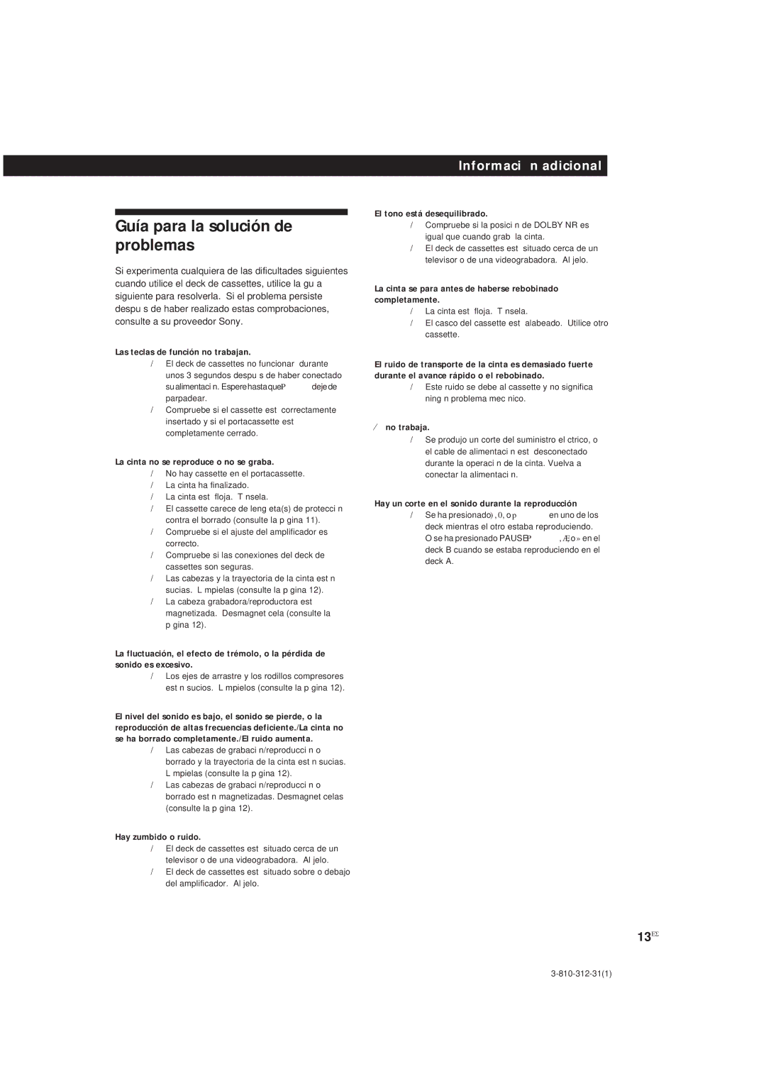 Sony TC-WE405, TC-WR661 manual Guía para la solución de problemas, 13ES 