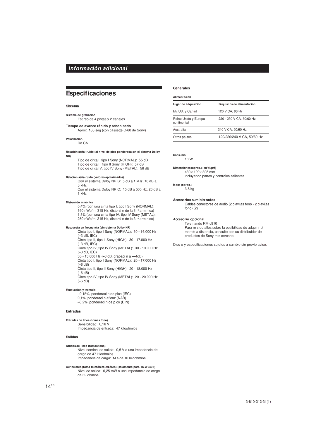 Sony TC-WR661, TC-WE405 manual Especificaciones, 14ES 