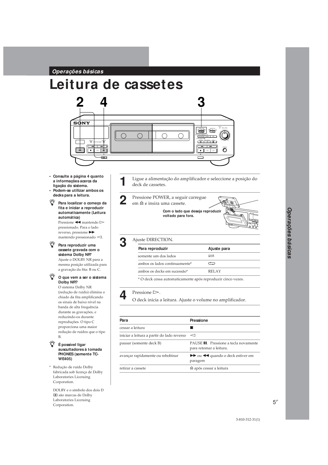 Sony TC-WE405, TC-WR661 manual Leitura de cassetes, Para reproduzir Ajuste para, Para Pressione 