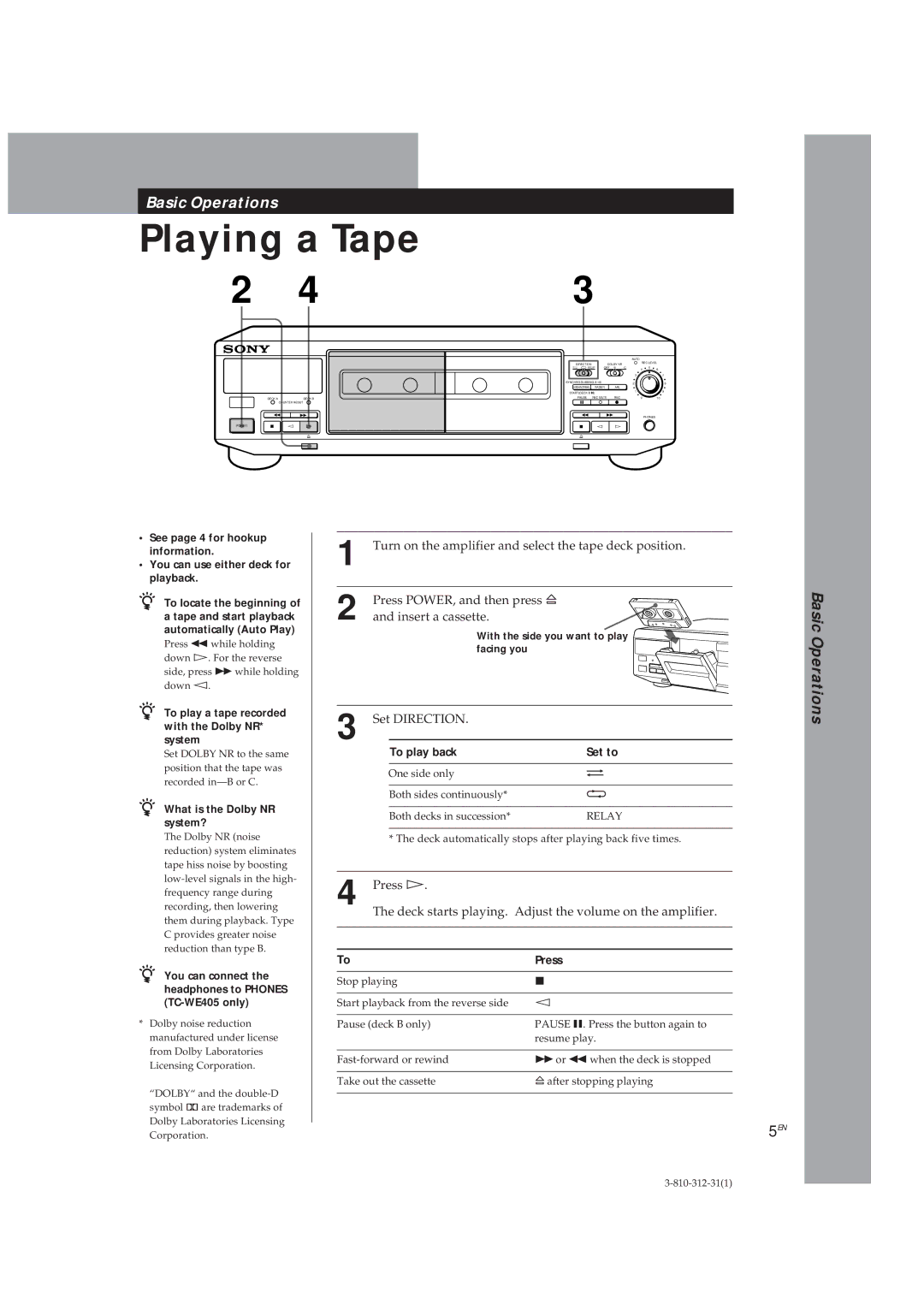 Sony TC-WR661, TC-WE405 manual Playing a Tape, To play back Set to, Press 