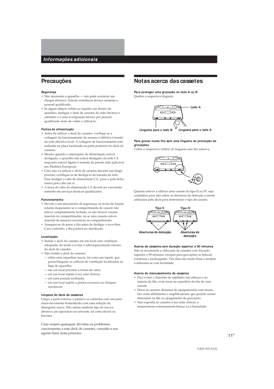 Sony TC-WE405, TC-WR661 manual Precauções, Notas acerca das cassetes, 11P 