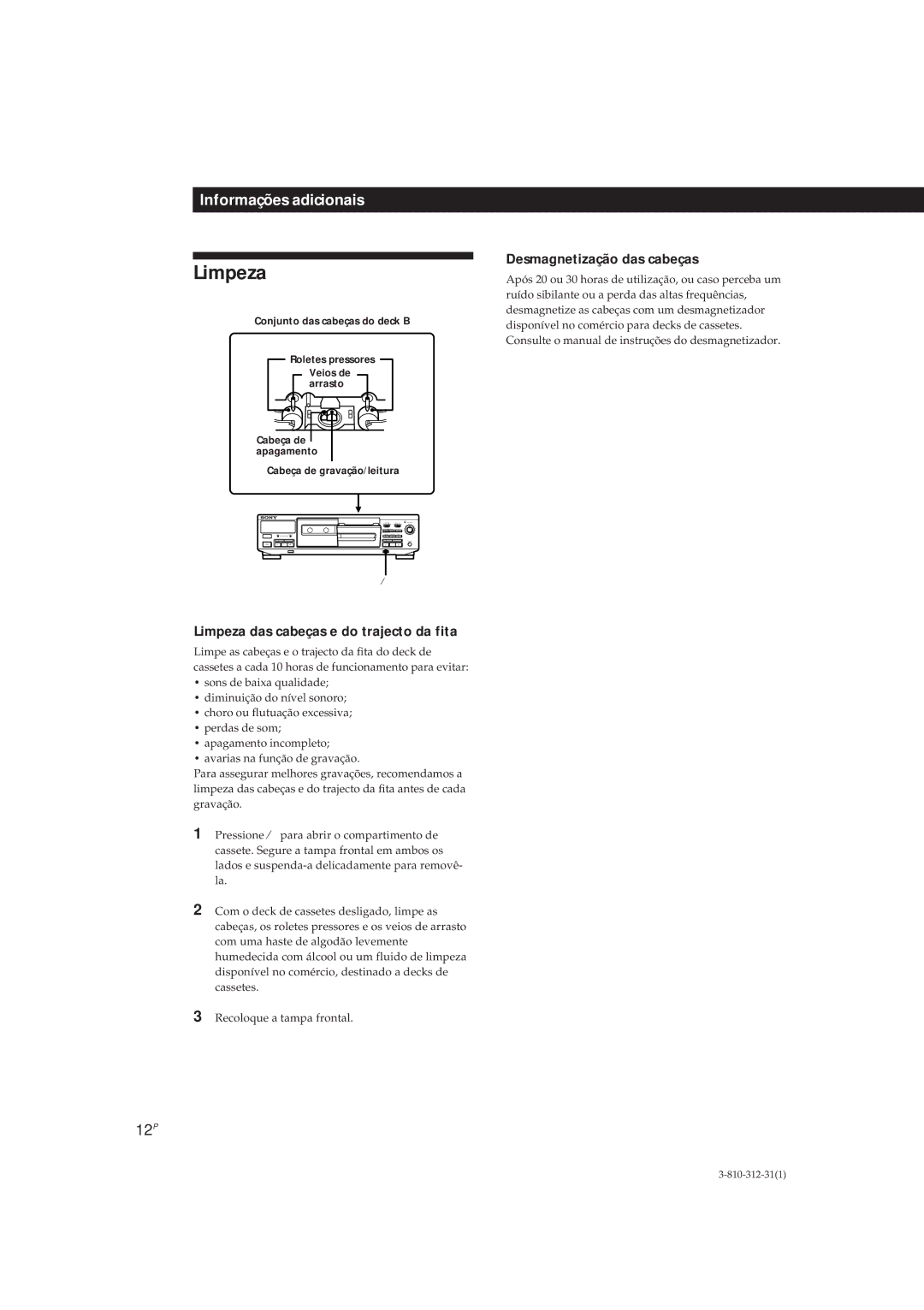 Sony TC-WR661, TC-WE405 manual Limpeza das cabeças e do trajecto da fita, Desmagnetização das cabeças, 12P 