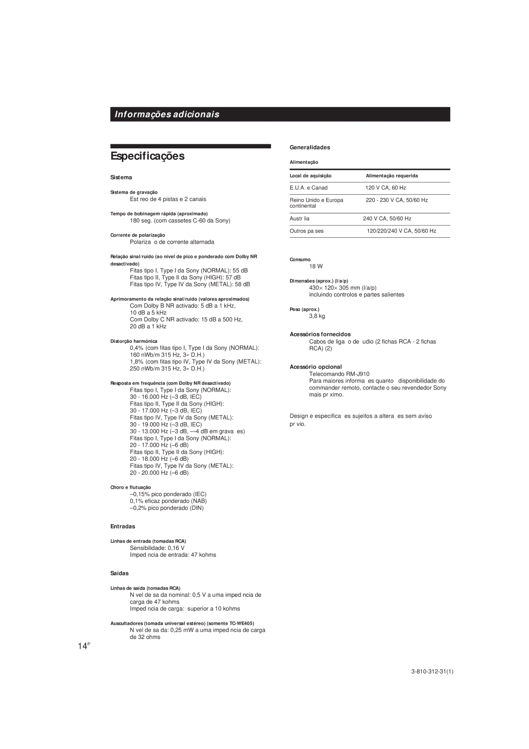 Sony TC-WR661, TC-WE405 manual Especificações, 14P 