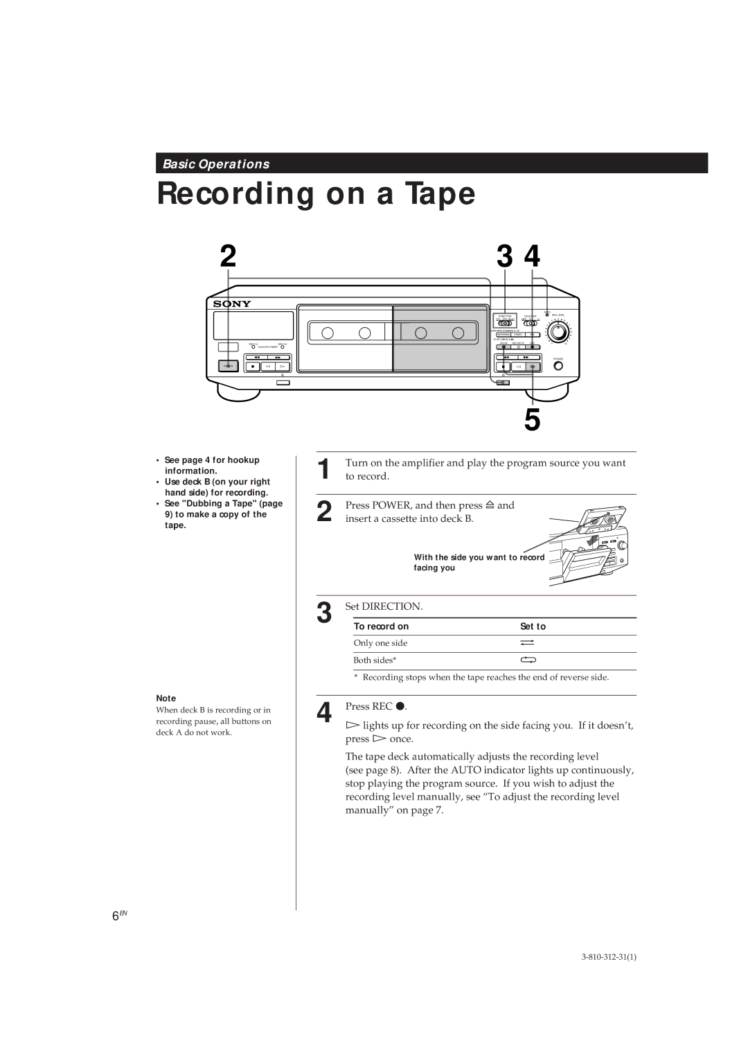 Sony TC-WE405, TC-WR661 manual Recording on a Tape, To record on Set to, With the side you want to record, Facing you 