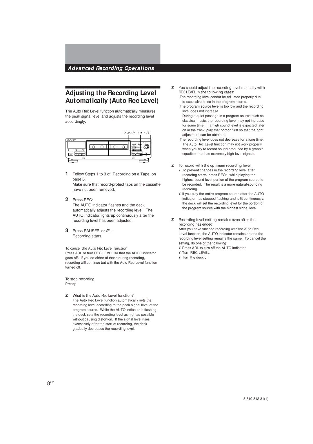 Sony TC-WE405 manual To cancel the Auto Rec Level function, To record with the optimum recording level, To stop recording 