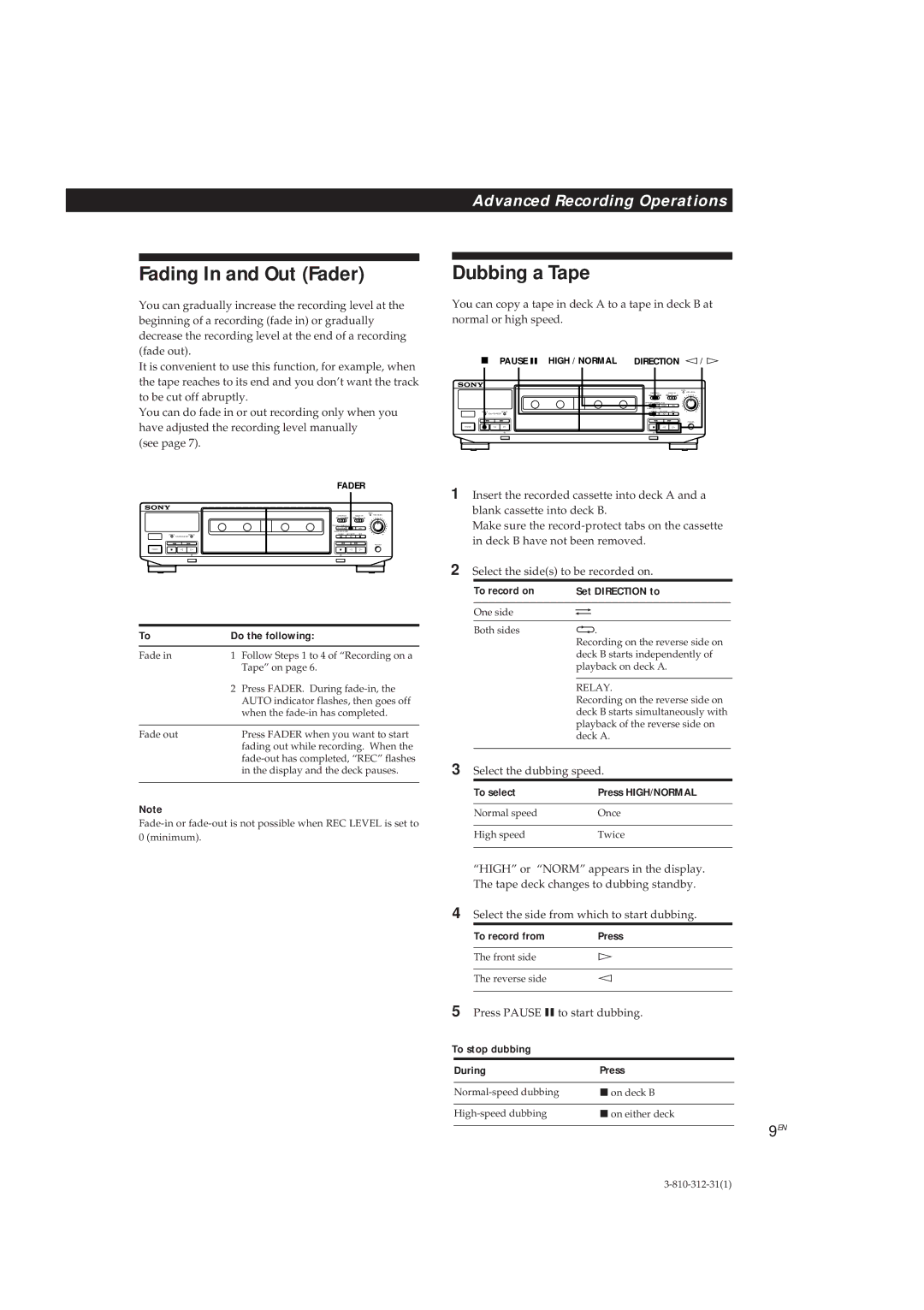 Sony TC-WR661, TC-WE405 manual Fading In and Out Fader, Dubbing a Tape 