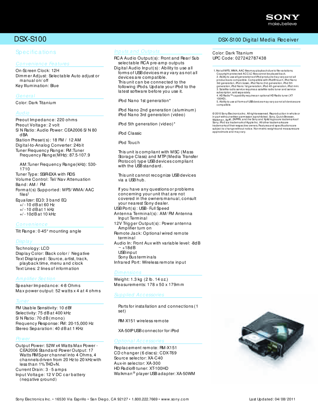 Sony LV213 Convenience Features, General, Audio, Display, Amplifier Section, Tuner, Power, Inputs and Outputs, Dimensions 