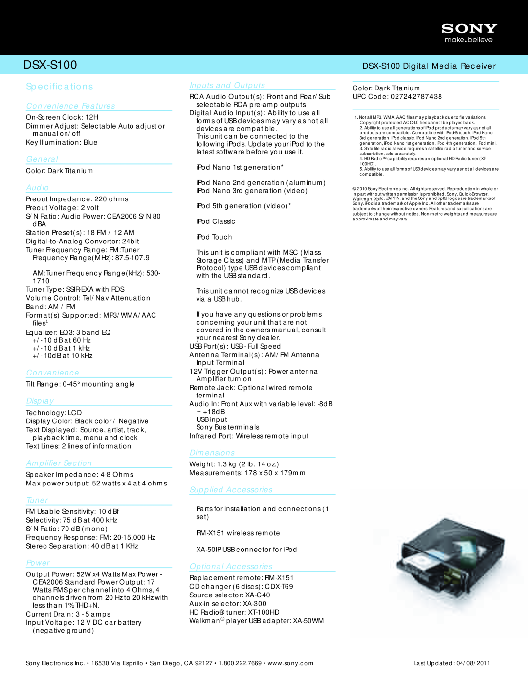 Sony LV213, TC118, LV216, LV215, TB216, LV217, LV211, AW1, DEW210, LV218, LV219 Specifications, DSX-S100 Digital Media Receiver 