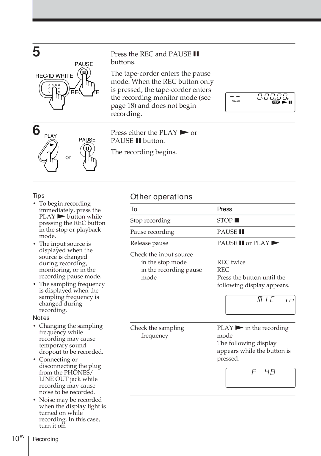 Sony TCD-D8 operating instructions 10EN, Other operations, Tips, Press 