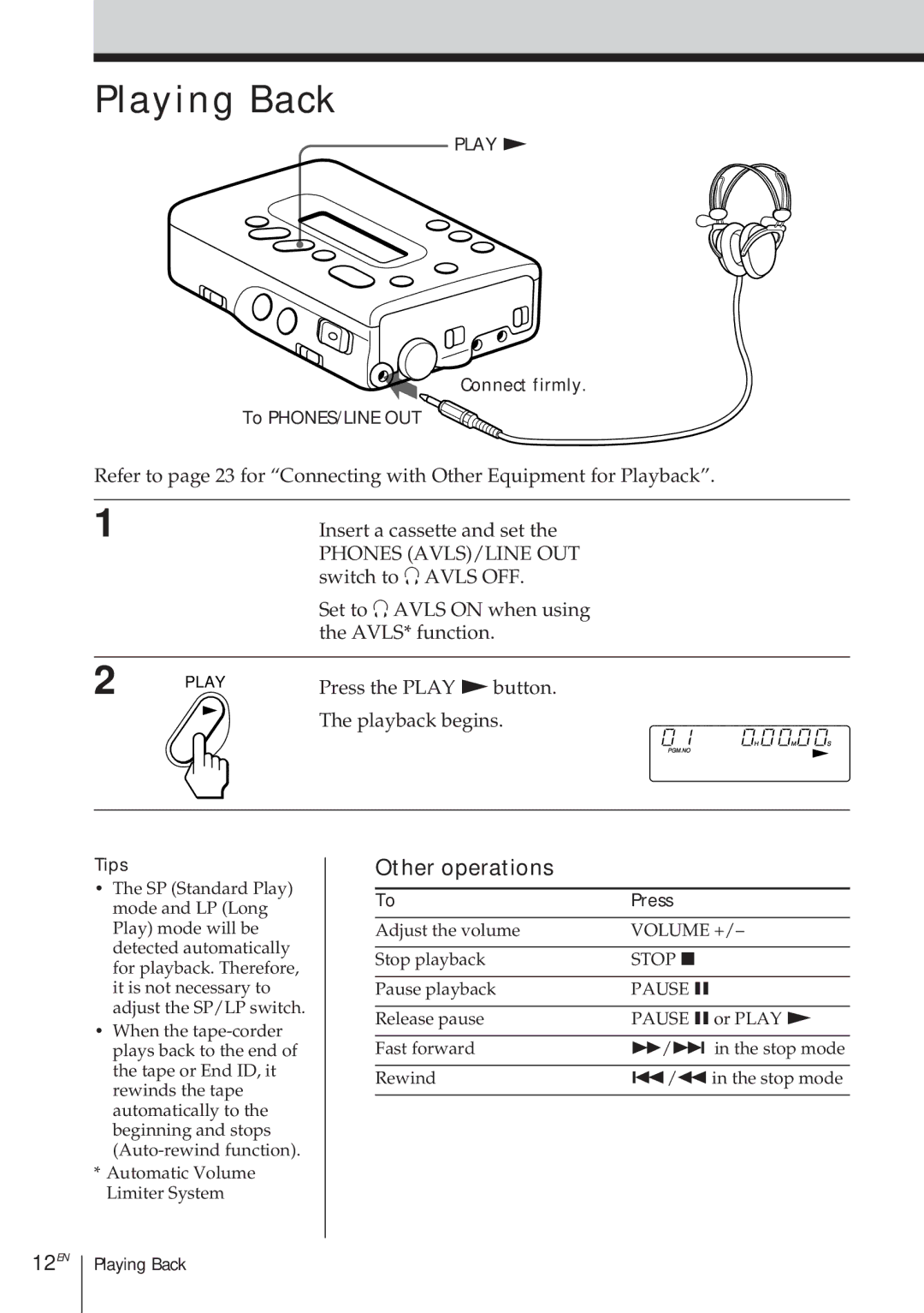 Sony TCD-D8 operating instructions Playing Back, 12EN, Connect firmly To PHONES/LINE OUT 