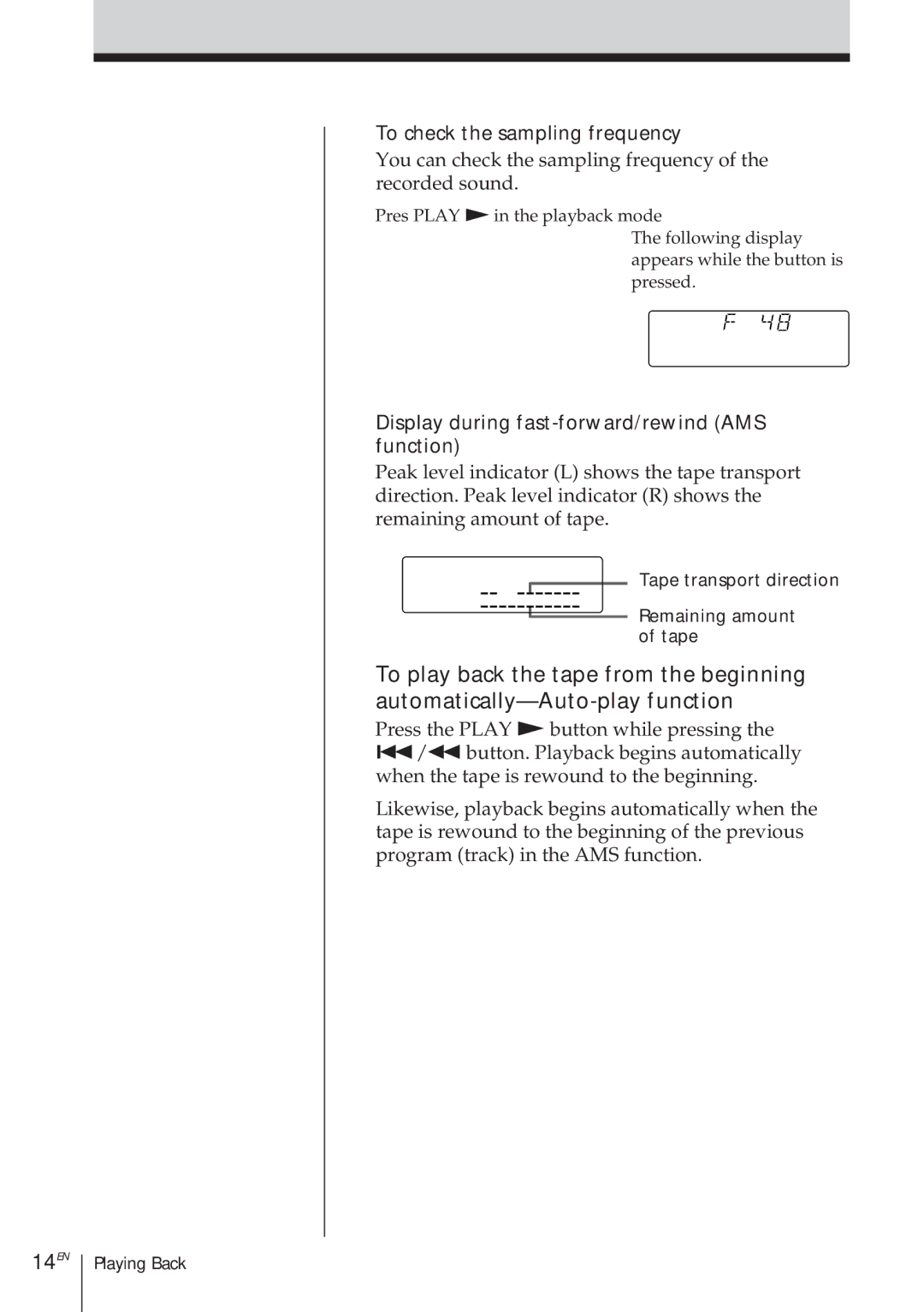 Sony TCD-D8 operating instructions 14EN, To check the sampling frequency, Display during fast-forward/rewind AMS function 